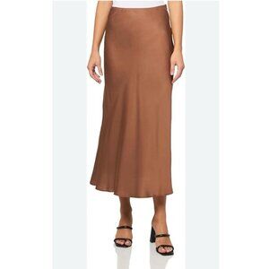 Petal & Pup Brown Satin Midi Slip Skirt Womens L Bias Cut Silky Elastic Waist
